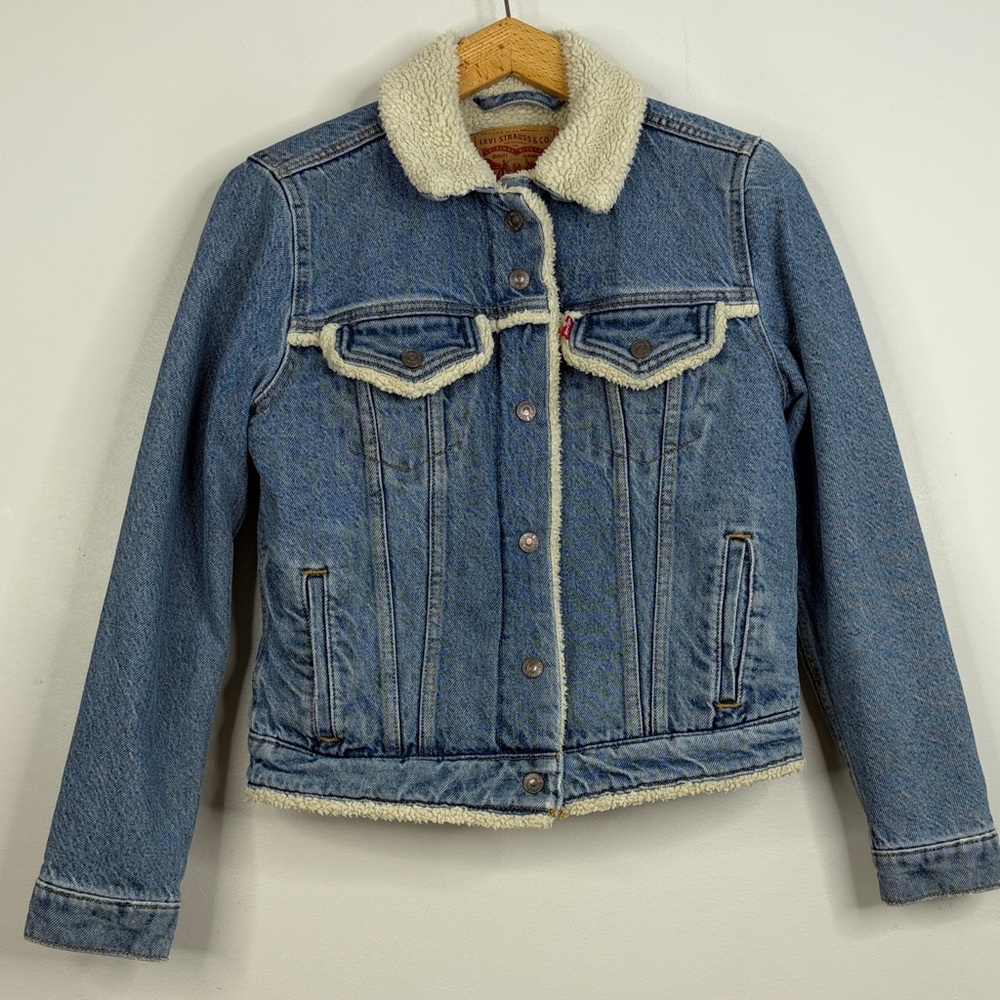 Levi's Sherpa Trucker Jacket Womens Small Blue Fleece Lined Trim Denim Jean